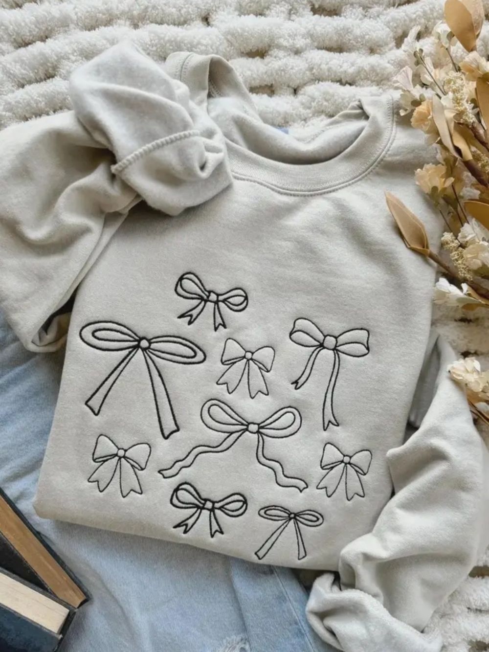 Cream Crewneck Sweater with Black Bow Embroidery - Unbranded